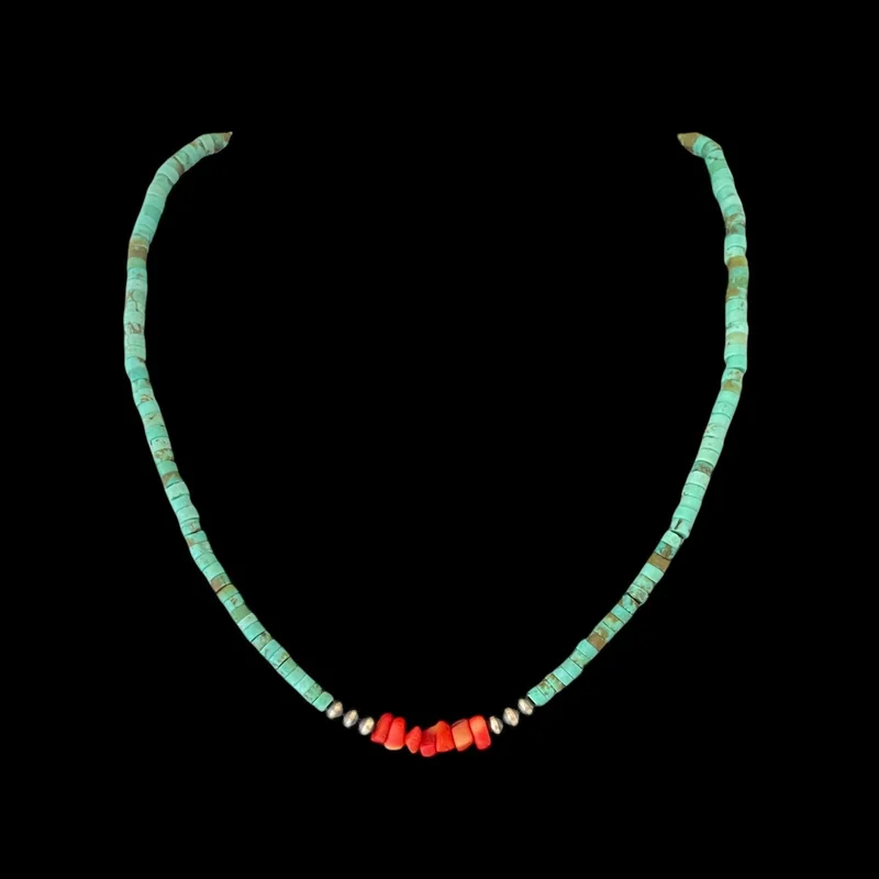 

Native American Blue-Green Turquoise, Coral & Navajo Pearl Nelace