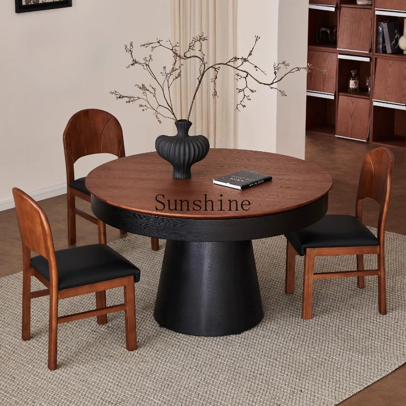 

Rotating and retractable deformation medieval household round all-solid wood dining table and chairs