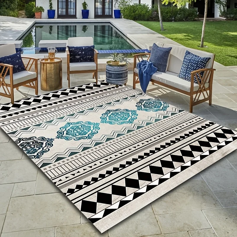 VIKAMA Geometric Flower Outdoor Carpet Anti-slip and Easy-to-Clean Terrace Floor Mat Camping Caravan Carpet Home Decoration