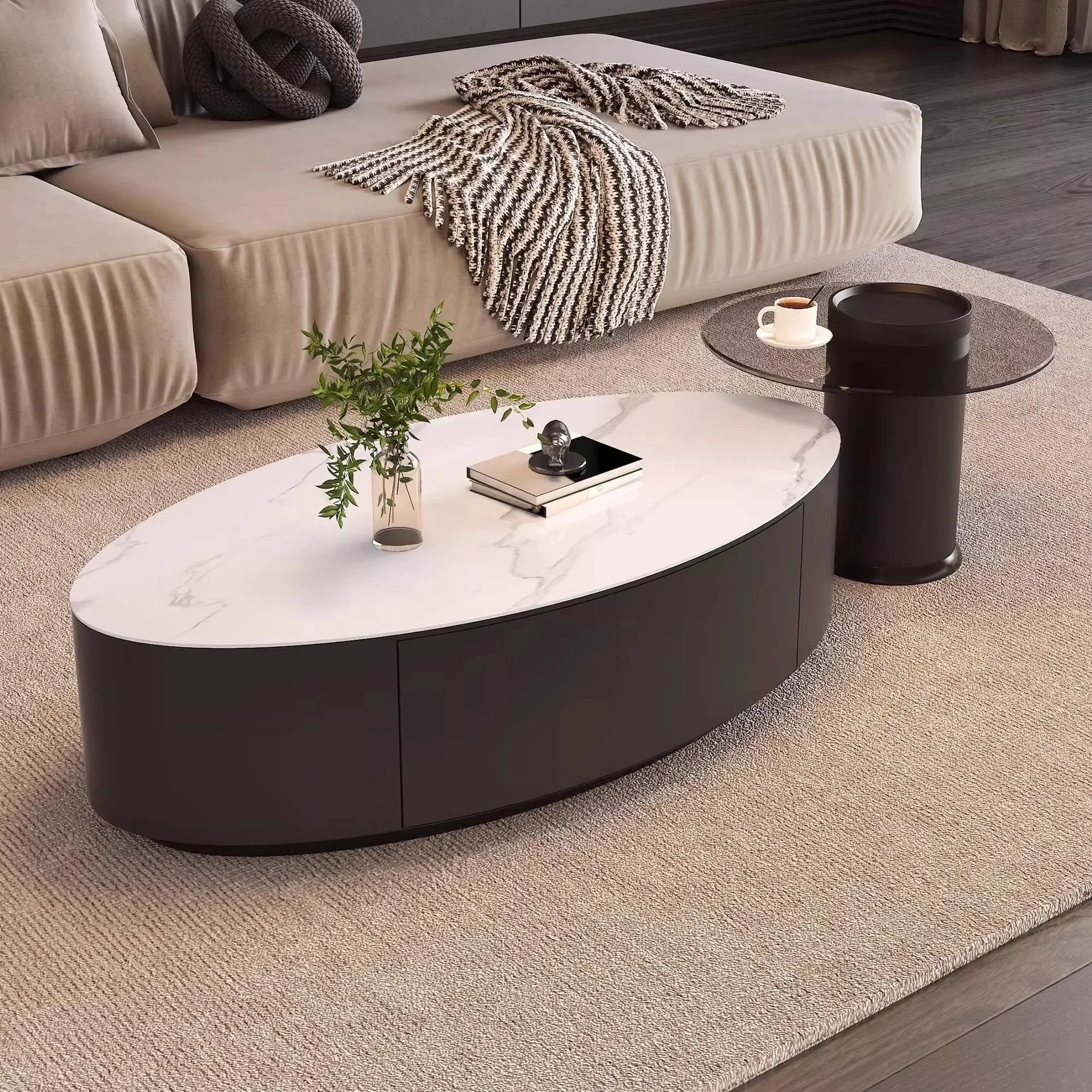 DSA Nordic high-end light luxury Italian-style home coffee table combination modern simple and minimalist oval rock slab