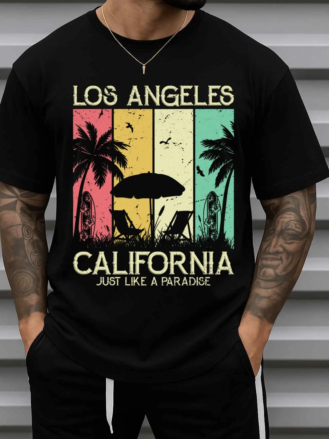 Men's Los Angeles Paradise Style Printed T-Shirt - Pure Black Casual Style, Featuring Iconic La Landmarks, Loose and Comfortable Fit, Suitable for All Seasons, Perfect for Beach and Everyday Wear