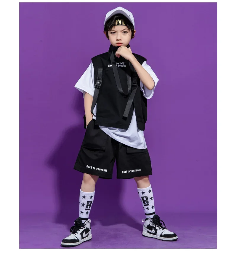 Kinder Hip-Hop-Kleidung, ärmelloses Jackenoberteil, T-Shirt, Streetwear, taktische Cargo-Jogginghose für Mädchen und Jungen, Tanzkostüm, Kleidung. – Detail 9