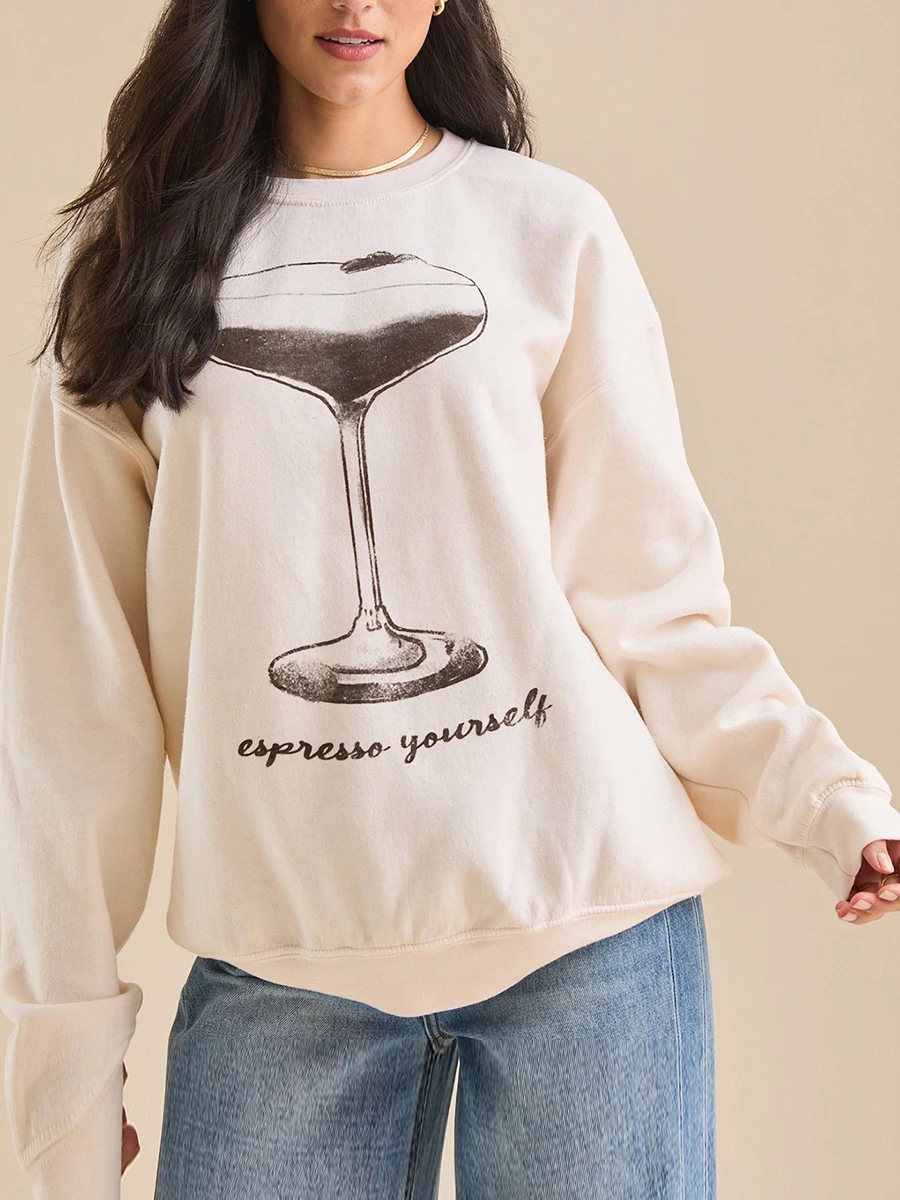 

Women's Fall Loose Hoodies Cute Cherry/Cocktail Glass Print Long Sleeve Crew Neck Oversized Sweatshirt Casual Pullovers Tops Y2K