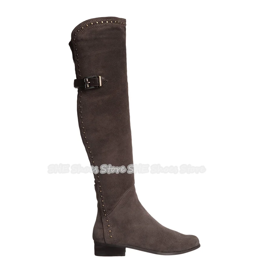 

Punk Rivet Belt Buckle Splicing Leather Women Long Boots Round Toe Chunky Heel Over-The-Knee Boots Ladies Knight Boots
