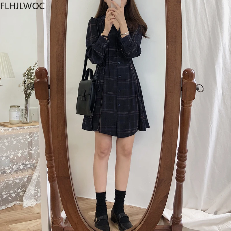 Autumn Basic Mini Dresses Hot Women Long Sleeve Japan Korean Style Design Cute Sweet A Line Vintage Girls Plaid Shirt Dress
