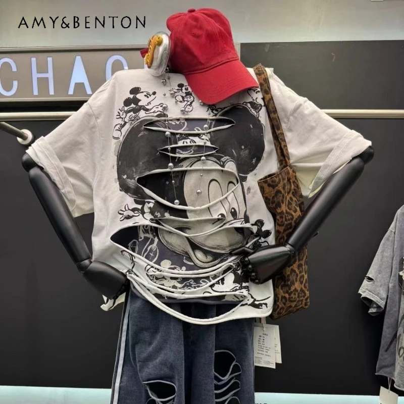 

Летние новинки: Женская свободная укороченная футболка Y2K с эффектом двухслойности, рваными элементами, принтом в стиле Heavy Industry и мультяшным рисунком, с коротким рукавом