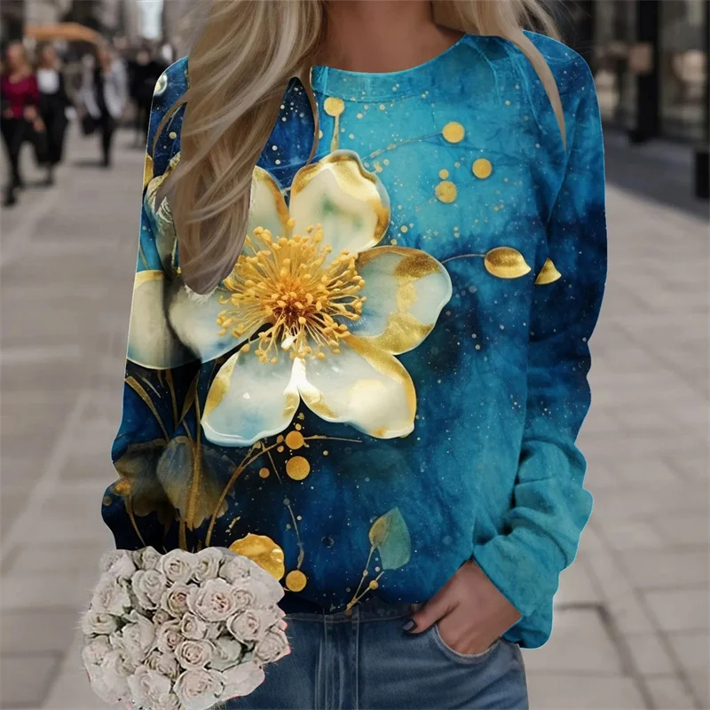 Harajuku New 3D Printing Colorful Flowers Sweatshirts Fashion Women Streetwear Pullovers Winter Girls Floral Graphic Top Clothes