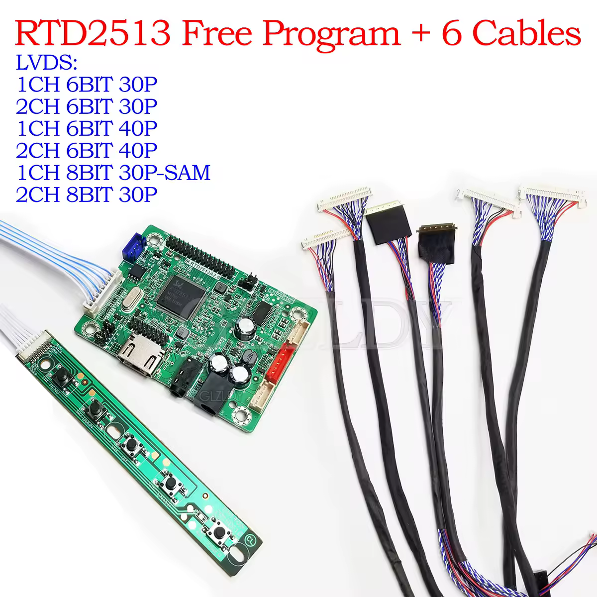 Плата драйвера мини-ЖК-дисплея RTD2513, контроллер HDMI-LVDS, программа для подключения перемычек + комплект из 6 кабелей LVDS 30P 40P 1/2CH 6/8 BIT с аудиовыходом