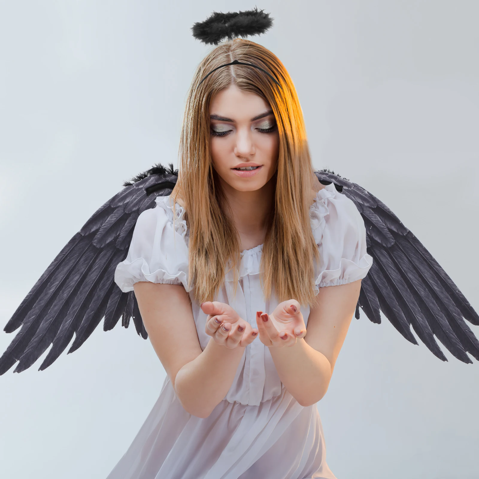 1セット 大きな白い天使の羽のヘッドバンド ハロウィンコスチューム小道具 女性 女の子 妖精 ロールプレイ パーティーアクセサリー コスプレ