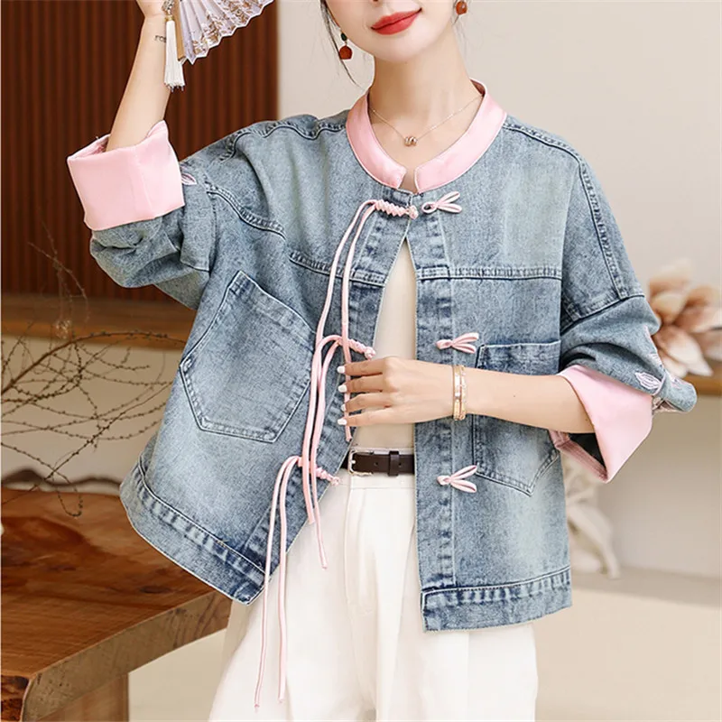 Jaket Denim pendek biru Vintage jaket Jeans wanita lengan panjang bordir bunga merah muda kerah berdiri saku besar longgar