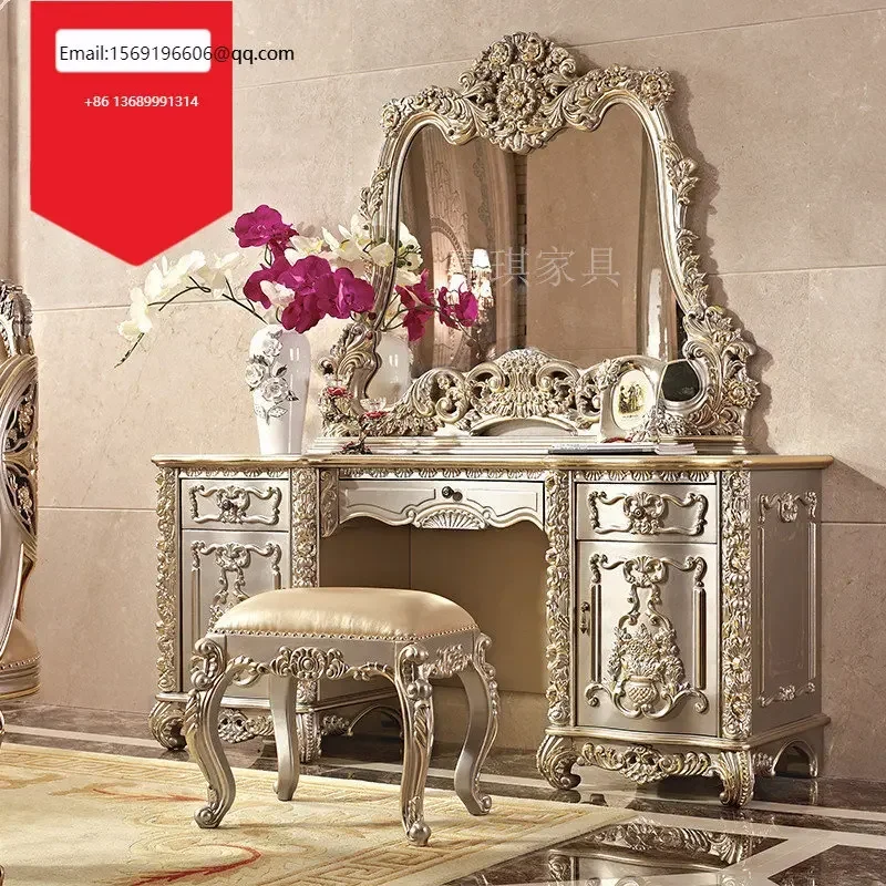 

Custom French luxury furniture European solid wood hand carved dressing table dressing table mirror stool