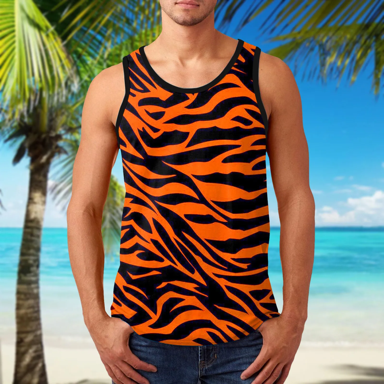 Men'S Summer Beach Tank Tops Stylish Color Contrast Crewneck Sleeveless Vest Shirts Hawaiian Beachwear Outdoor Holiday Clothing