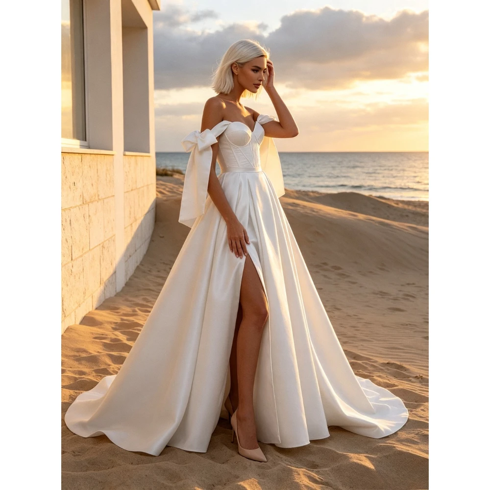Customized Satin Off Shoulder Strapless Butterfly Sleeve Wedding Dress 2026 High Waisted A-line Bridal Gown Suitable for Gardens view 3