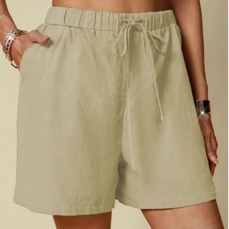 กางเกงขาสั้นผ้าฝ้ายและผ้าลินินสีพื้นทรงหลวมสบายเอวยางยืดผูกเชือกสำหรับผู้หญิงรุ่นใหม่ประจำฤดูร้อน