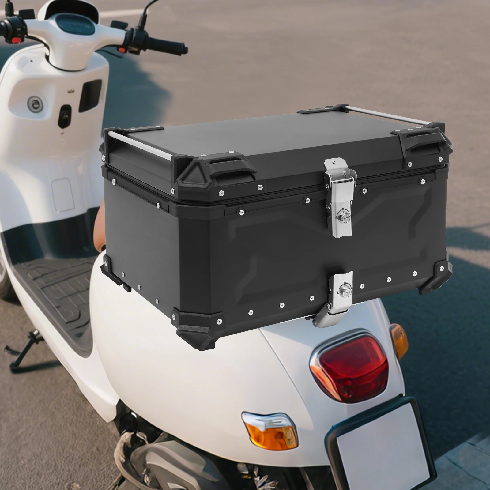 

45L/55L/65L Motorcycle Tail Box, Aluminum Alloy Waterproof Rear Trunk with Lock, Helmet Storage Case for Universal Motorbike