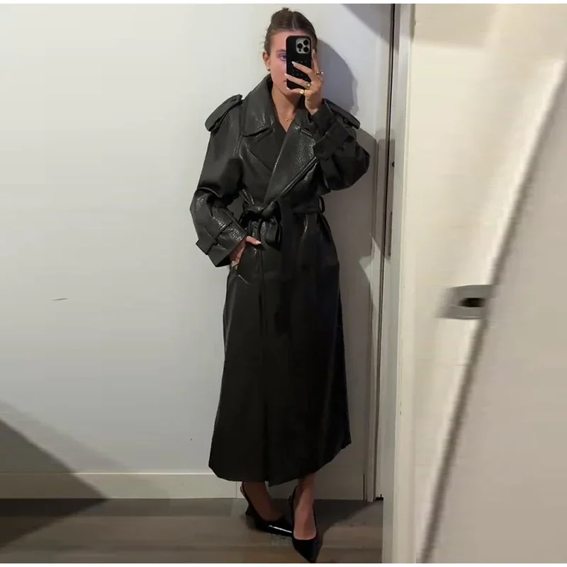 Zweireiher Spitze up Lange Leder Mantel Frau Lange Ärmel Lose Einfarbig Casual Jacken Straße frauen Frühen Herbst mäntel