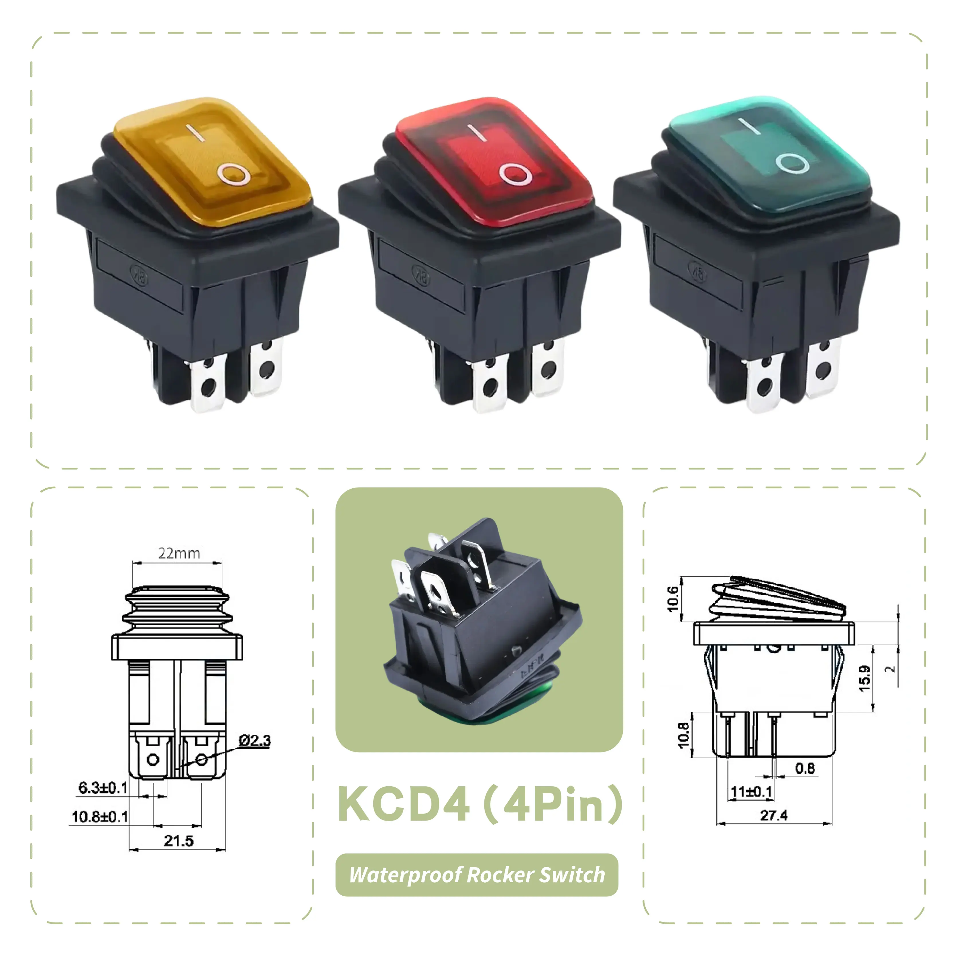 KCD4 Waterproof Boat 4 Pin Locking Switch with Light 16A 250V Rocker Power Switch