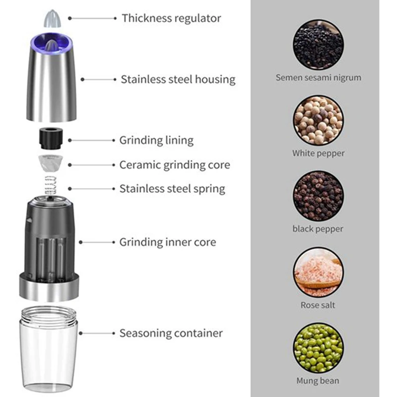 Электрическая гравитационная мельница для перца AT35, набор из 2, автоматическая мельница для соли и перца, с питанием от батареи, с одной ручкой