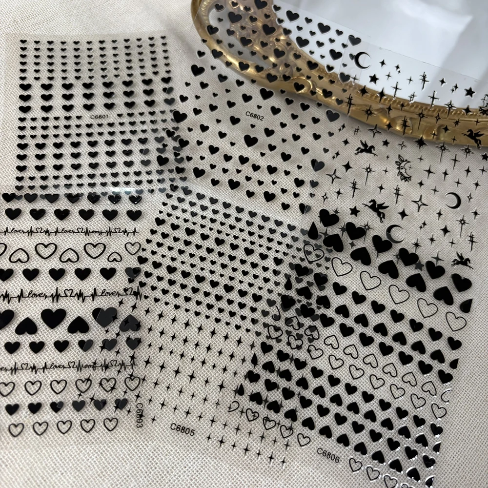 

6pcs 3D Black Heart-Shaped Nail Art Stickers Self-Adhesive French Love Lines Nail Decals Love Theme Valentine's Day DIY Manicure