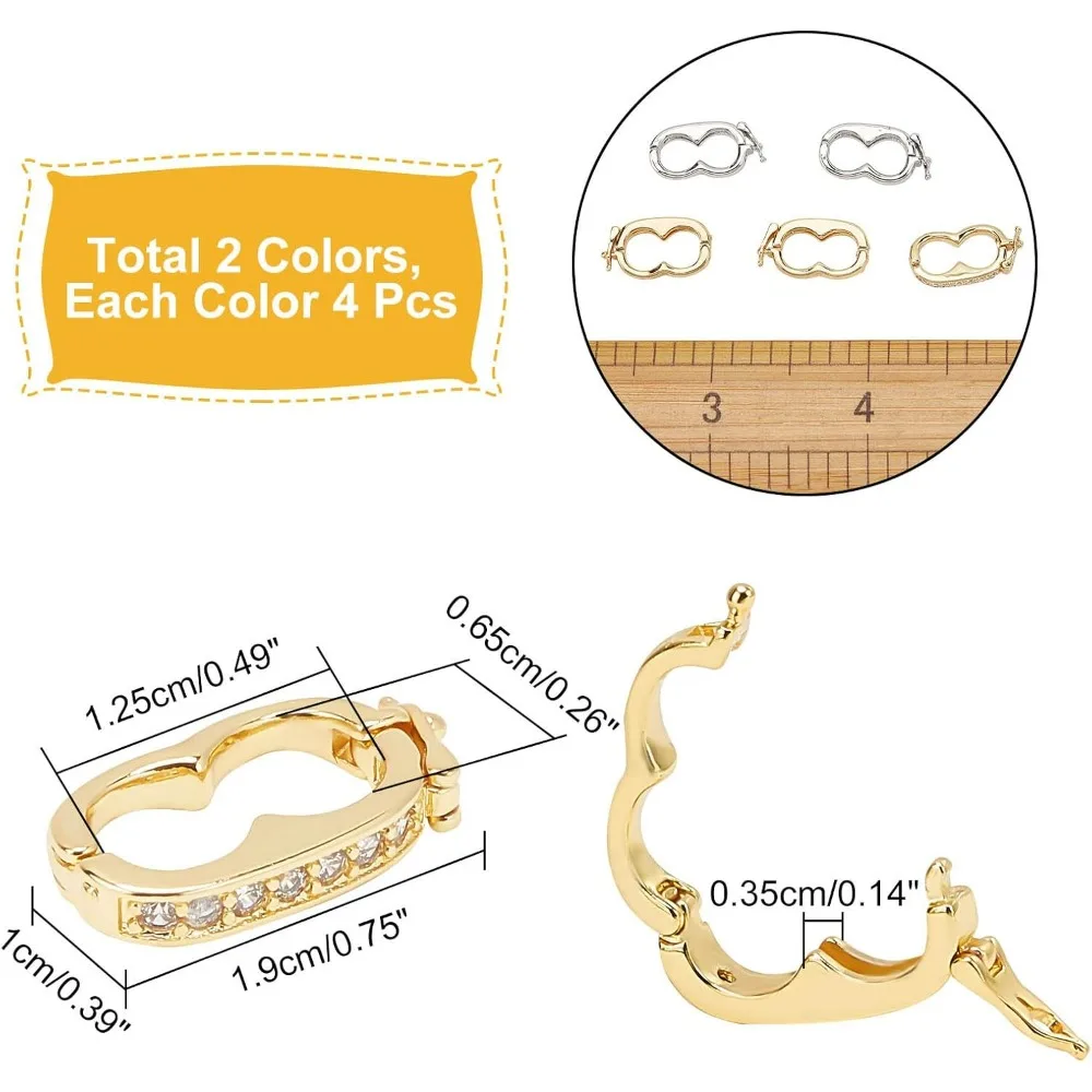 8Pcs 2 Colors Brass Enhancer Shortener Clasps Interchangeable Bail Clasp Peanut Pearl Click Clasp Connector with Rhinestone