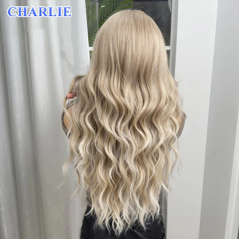 Ombre Gloden Wig sintetis Wig berombak panjang kulit kepala besar serat tahan panas untuk rambut sehari-hari wanita penggunaan pesta Cosplay