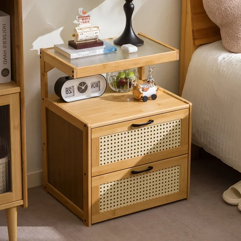 All solid wood retro bedside table simple modern shelf small household bedroom new Chinese style bedside table with glass