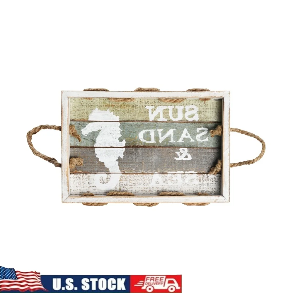 

Seahorse Wood Tray with Rope Handles Decorative Serving Tray Catch-All Home Decor High Sides Distressed Design 14inch