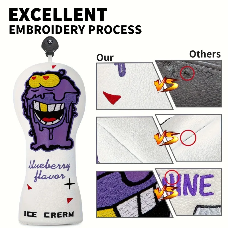 อุปกรณ์คลุมหัวไม้กอล์ฟดีไซน์แปลกตาสีม่วง อุปกรณ์กอล์ฟที่สนุกสนาน อุปกรณ์คลุมหัวไม้กอล์ฟ กันฝุ่นและทนทาน