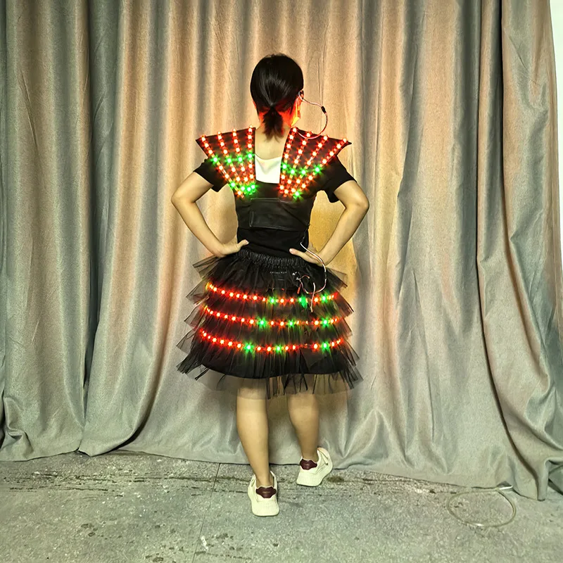 Damen-Show, LED-Leuchtkostüm, Oberrock, 2-teiliges Set, Brille, Fantasie, Bühnenauftritt, Nachtclub, Sänger, Party, Rave-Outfit, Neu