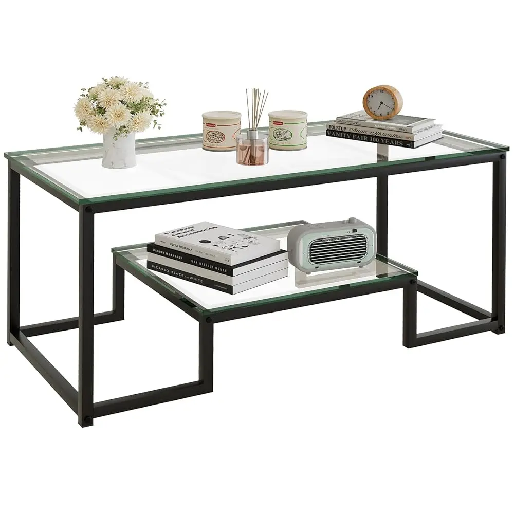 

Журнальный столик Черный стеклянный журнальный столик для гостиной, 2-х ярусный центральный стол с прочным металлическим каркасом, современное закаленное стекло