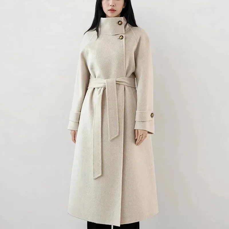 

2025 Fall Winter Women's Red Woolen Coat Korean Hepburn Style Furry Outerwear Beige Camel Grey Large Size Fashionable
