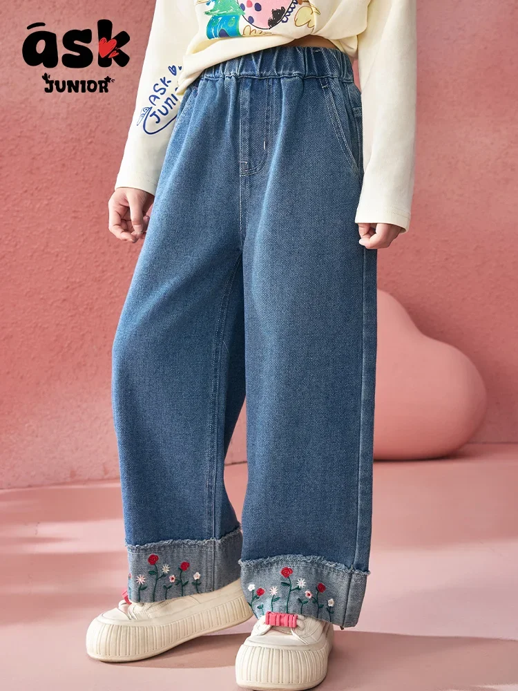 ASK جونيور توين بنات ربيع القدم التشفيه المطرزة الرجعية غسلها الجينز #4