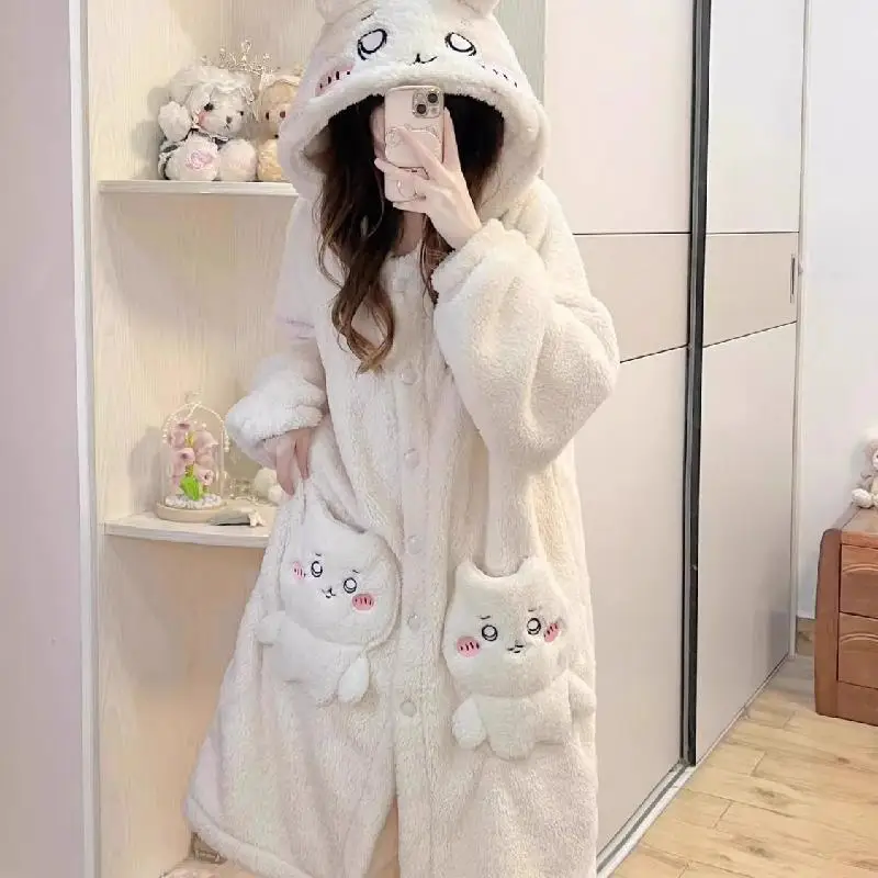 Miniso Kit Girl Coral Fleece Thickening Hooded Trousers Robe Suit Winter Kawaii Chiikawa Comic Keep Warm Pajamas Home Clothes