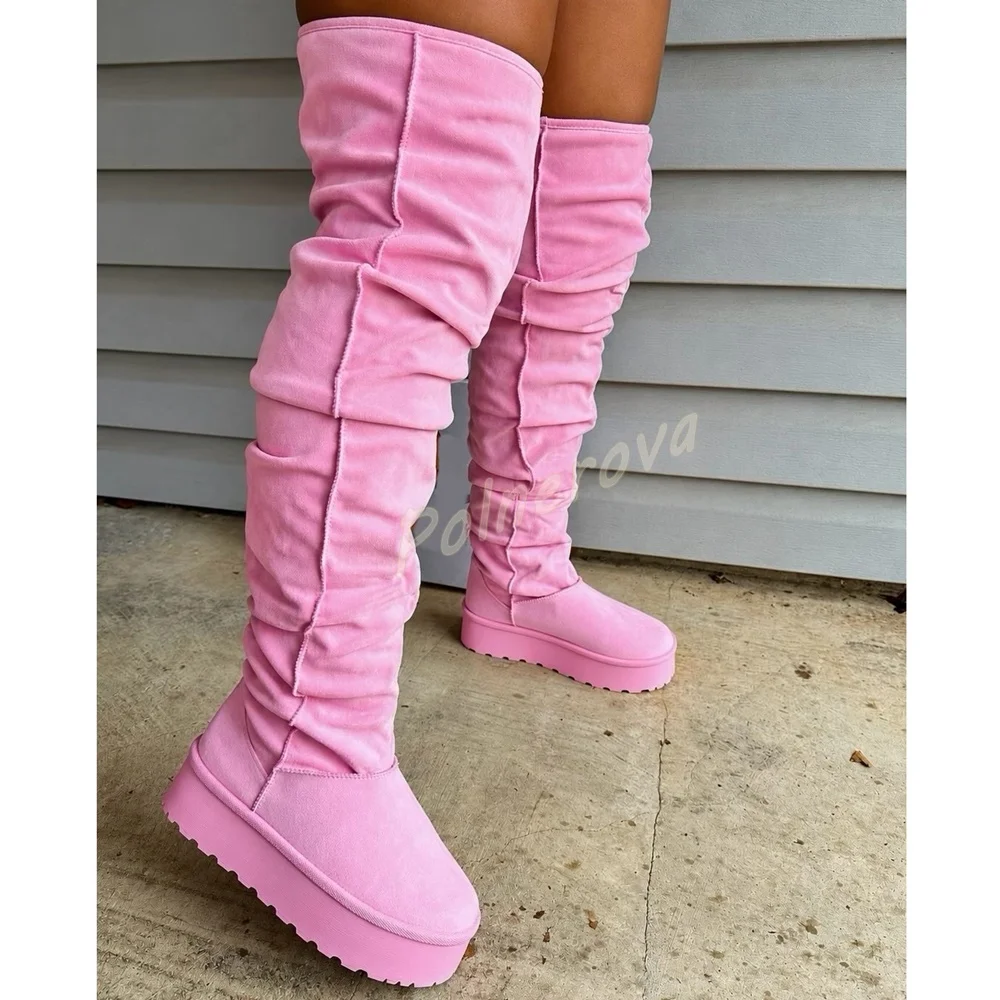 Suede Over The Knee Boots Women Ruched Slouchy Platform Thick Sole Long Boots Round Toe Warm Winter Fashion Solid Snow Boots