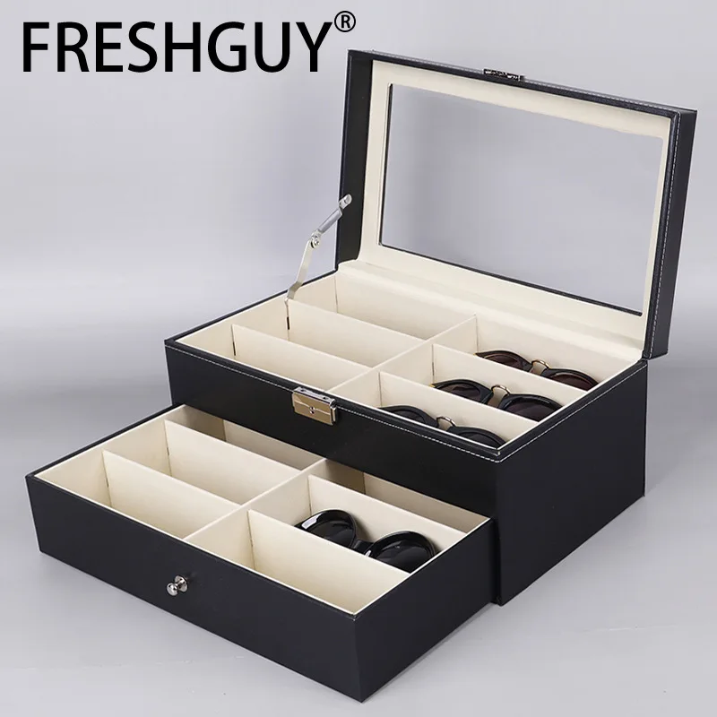 FRESHGUY Packaging PU Leather 12 Pair Double Layer Glasses Box Sunglasses Storage Display Packaging Box