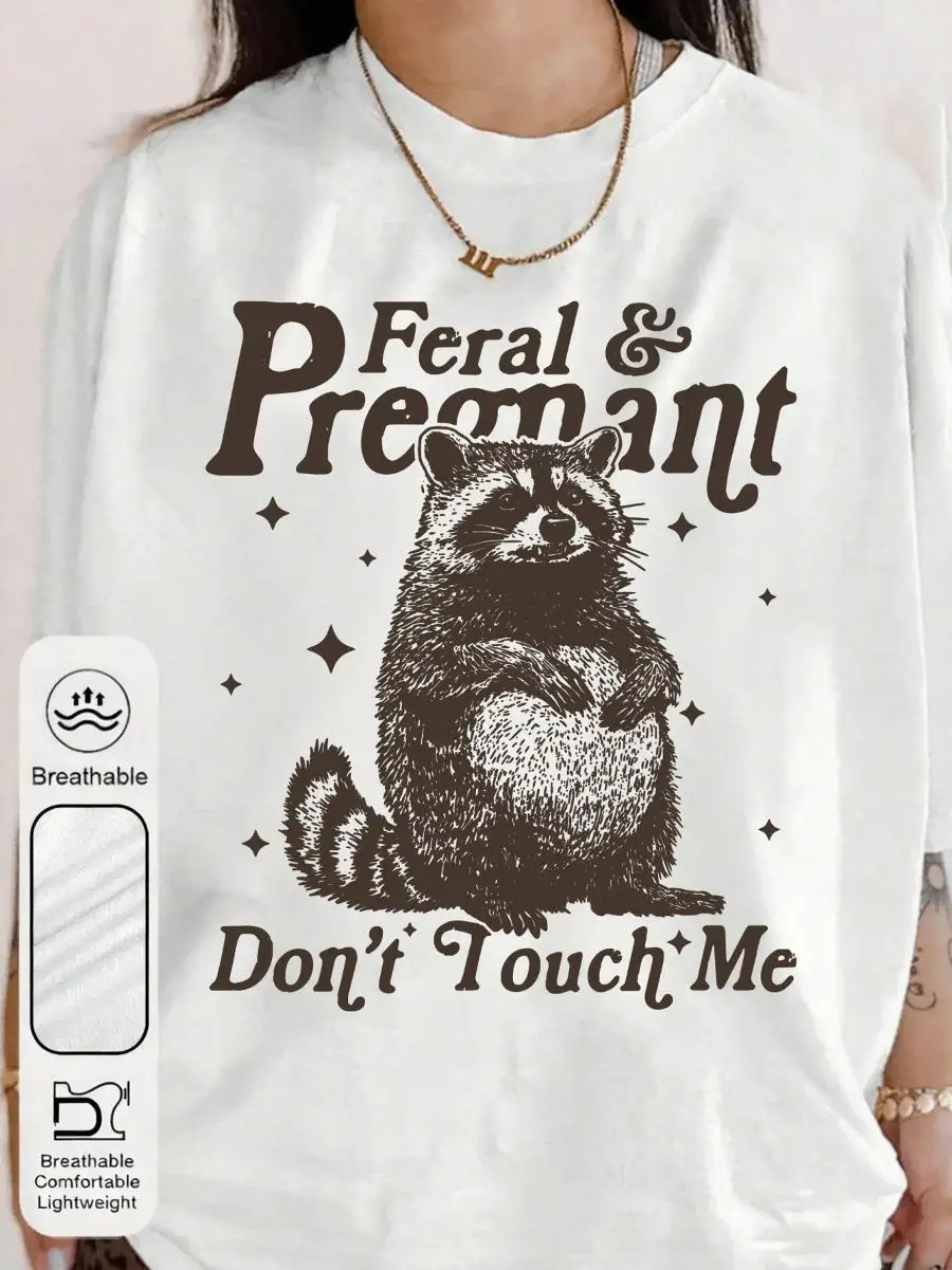 Plus Size Women s Summer Wild And Pregnancy Don t Touch Me Graphic Printed Crew Neck Short Sleeve Simple Casual Everyday T-Shirt Tops, Wild Racco