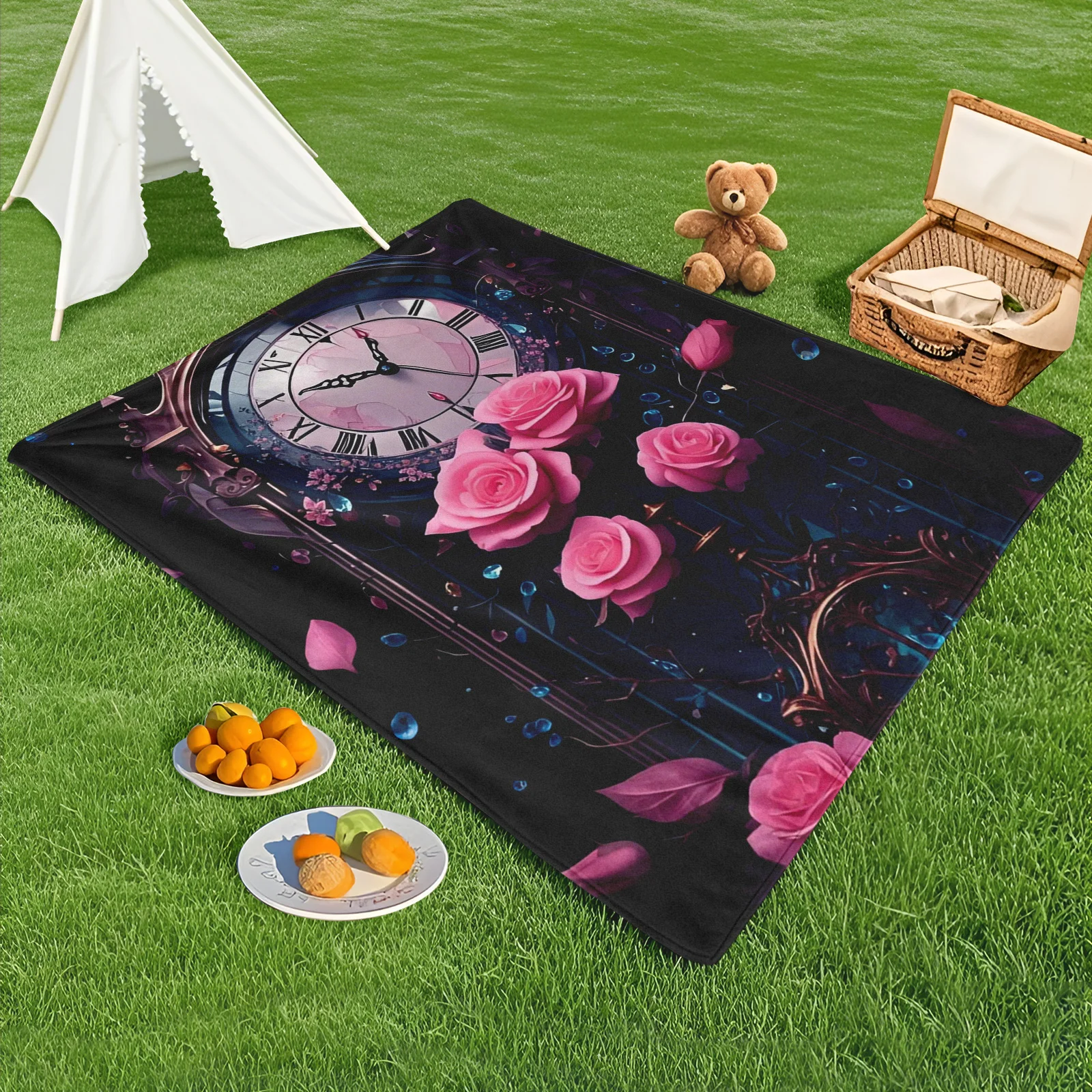 

Dreamy Pink Rose Clock Design Outdoor Blanket For Enchanting Picnics And Relaxing Evenings