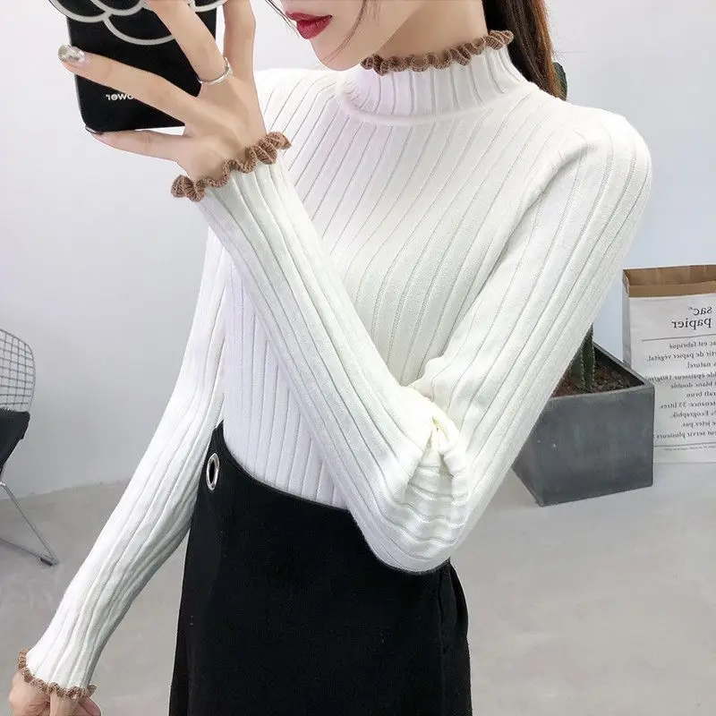 Fashion Turtleneck Knitted Spliced Ruffles Sweater Women\'s Clothing 2022 Autumn New Casual Pullovers Loose Sweet Tops