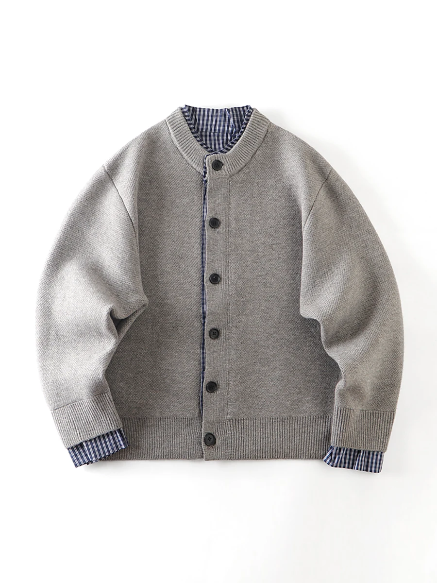 

American Retro Plaid Patchwork Baseball Collar Knitted Sweater Open Cardigan Old Money Barn Sle Outerwear for Men