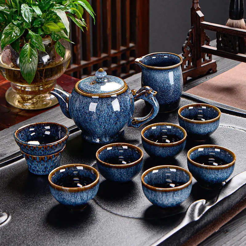 Kung Fu Tea Set Luxury Household Retro Ceramics Office Commerce Ru Kiln Kungfu High-end Chinese Tea Set With Cups and Kettle Bar