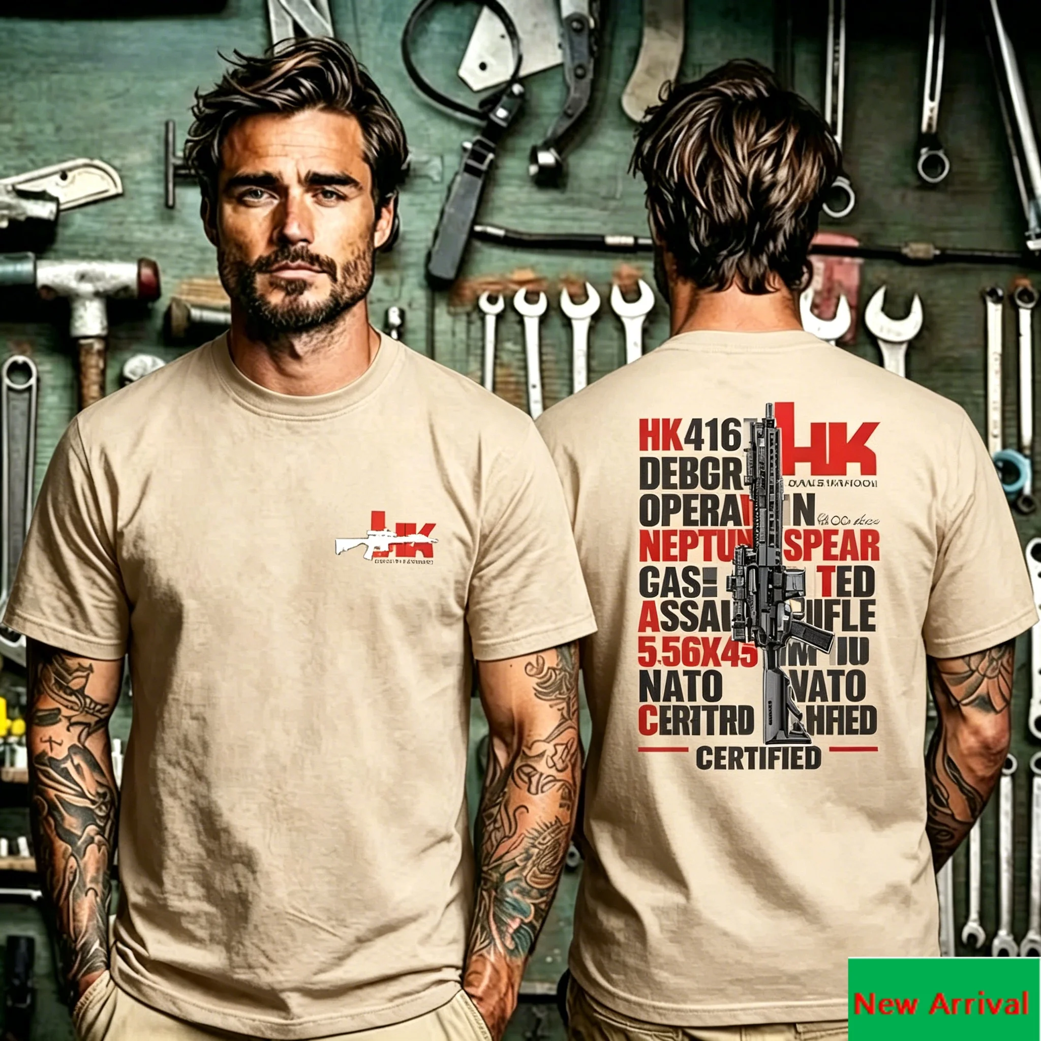 HK416-Sturmgewehr-T-Shirt mit grafischem Aufdruck auf der Rückseite und HK-Waffenlogo-Aufdruck auf der Vorderseite, militärisches taktisches Typografie-Design, Unisex, Freizeitlook. – Detail 4