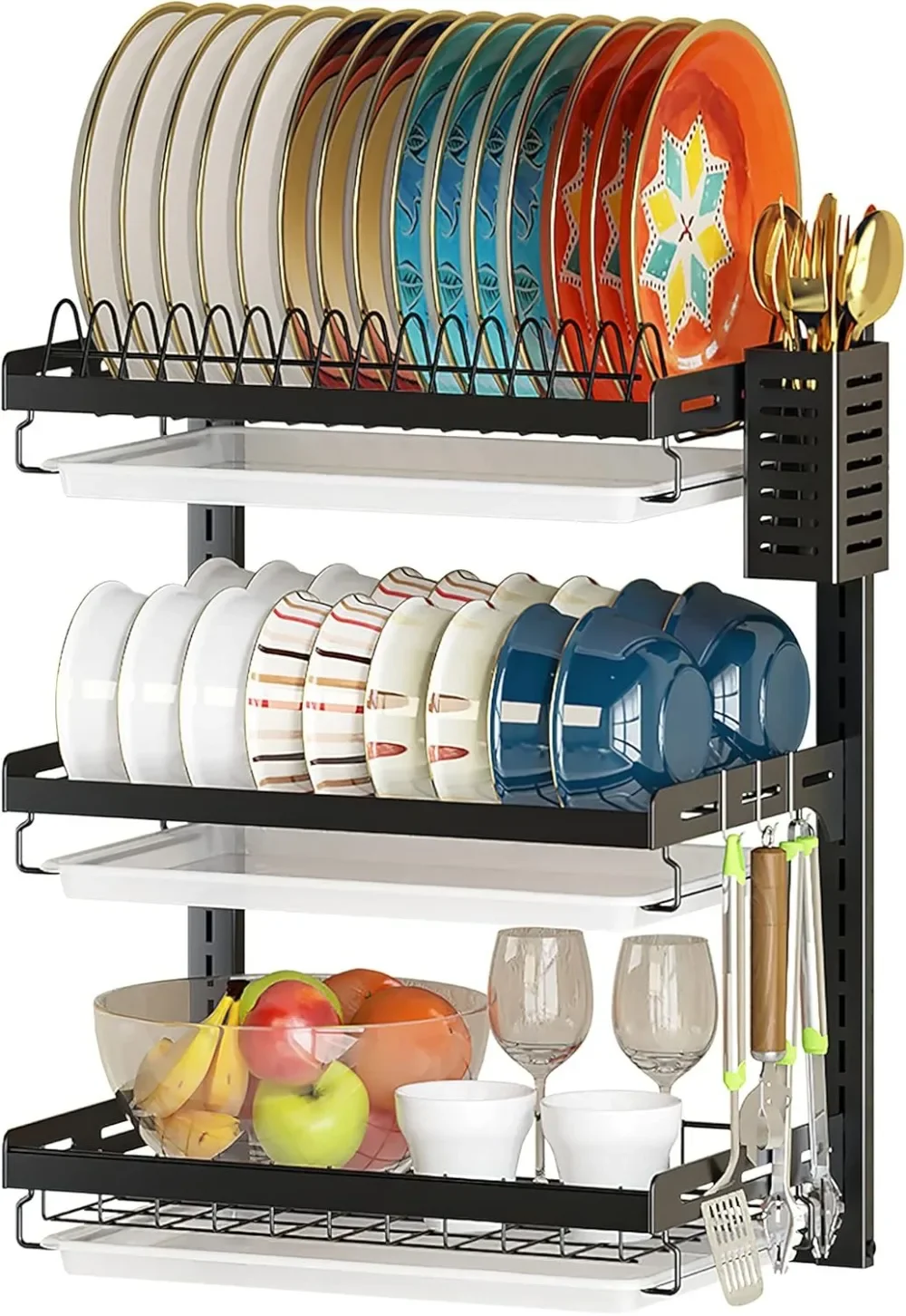 

Wall Mounted Dish Drying Rack, 3 Tier Stainless Steel Hanging with Cutlery Holder, Drainboard and Hooks, Drain rack