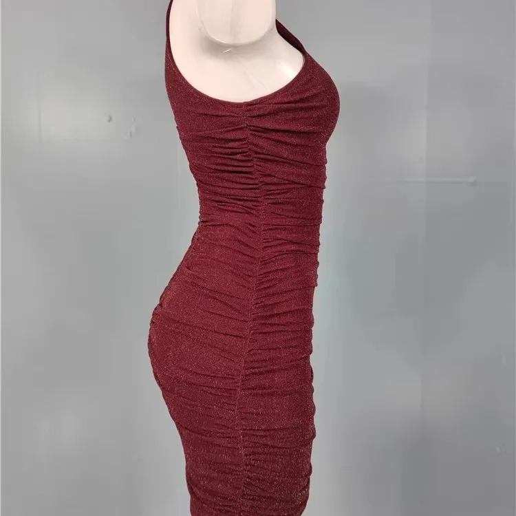 섹시한 순수한 매력의 랩 바디 원숄더 밝은 실 라인 주름 짧은 치마 드레스 크로스보더 트렌디 메쉬 원단 슬림 핏