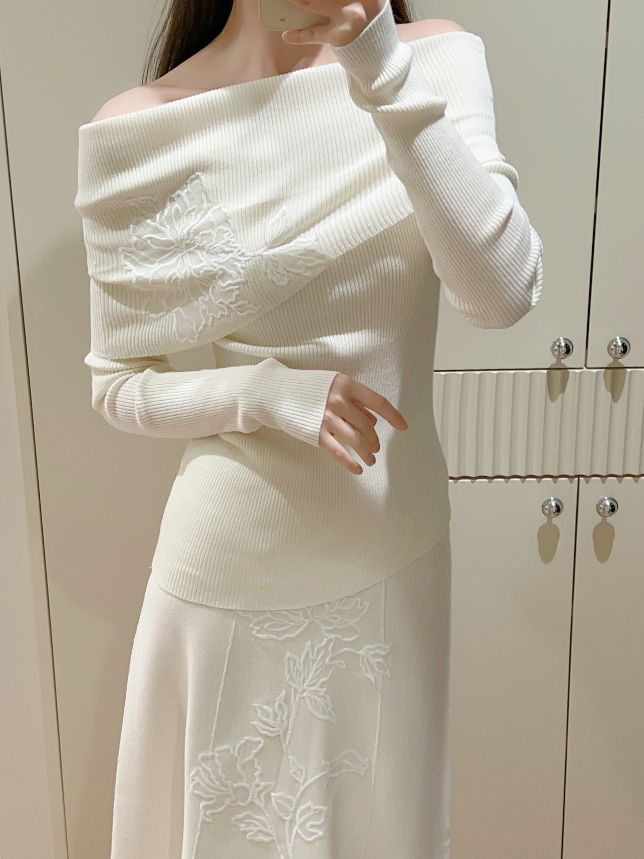 

Ele Knitted One-oulder f Skirt Set Fairy-Like Long Sve Mid-Length Pure Color Par Wear High Waist Korean Sle