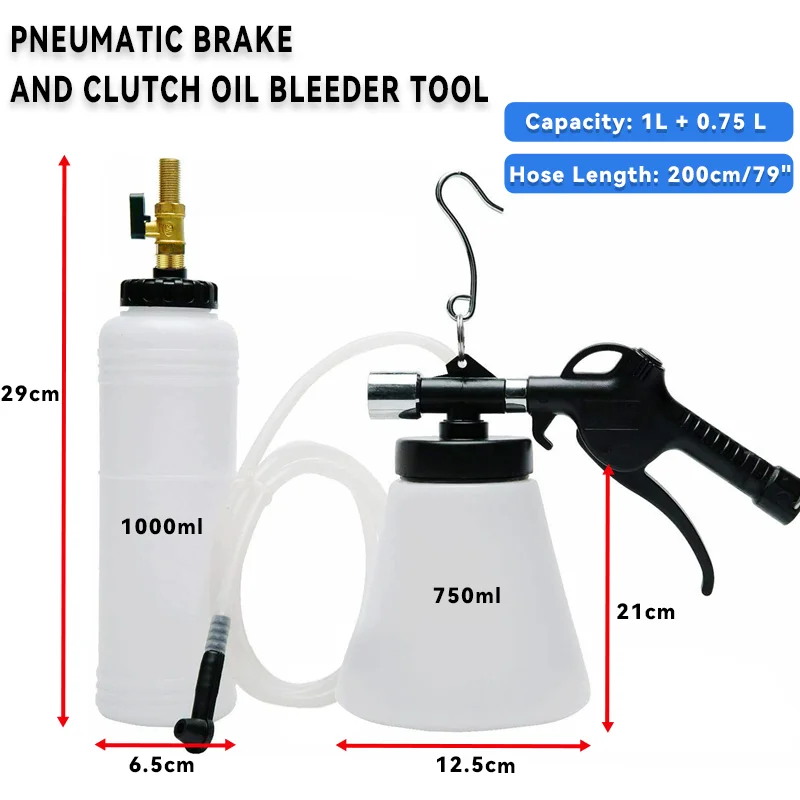 Pneumatic Brake Fluid Bleeder Tool Kit with Extractor and Refill Bottle  1L Vacuum Brake Oil Change Set with Adapters