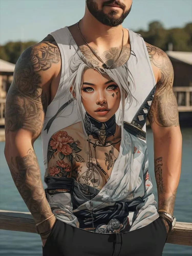Men's Japanese Samurai Girl Tattoo Graphic Tank Top Red Dragon Print Sleeveless Casual Summer thin