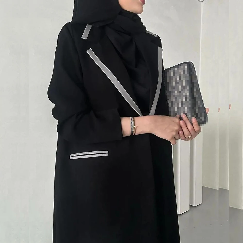 Dubai Muslim Black Women's Jacket Notch Lapel One Button Loose Outerwear 1 Piece Elegant Female Abaya Dresses Clothing 2024