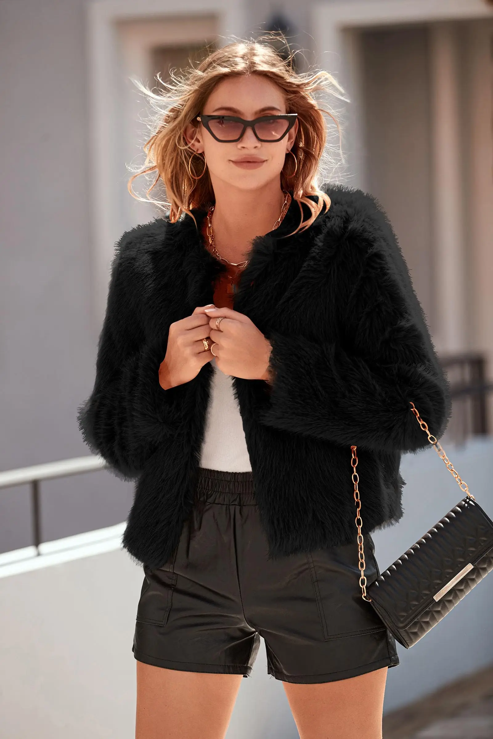 Women's 2024 Winter Coat Short Jacket Faux fur Long Sleeve Furry Thermal Coat Fall Clothing Faux Fur Coat