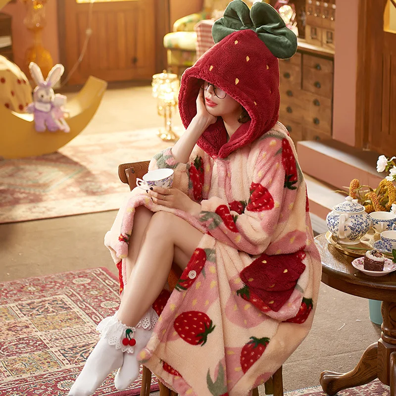 Winter Pajamas For Women Strawberry Cartoon Hooded Long Robe Jacket Cute Home Wear Sleepwear Kawaii Flannel Warm Comfy Bathrobe