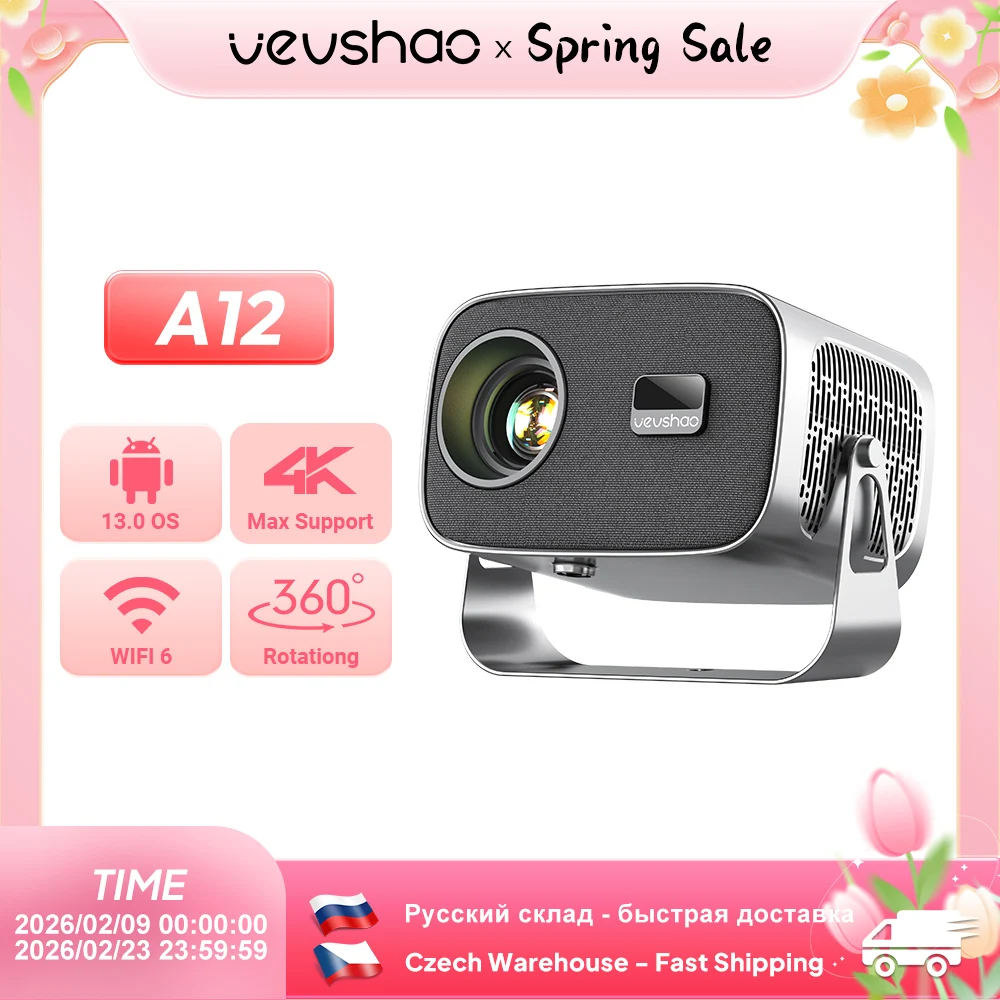 VEVSHAO A12 프로젝터 미니 휴대용 LED 비디오 안드로이드 13.0 WIFI 6 미러링 스마트폰 1080P 4K 비디...